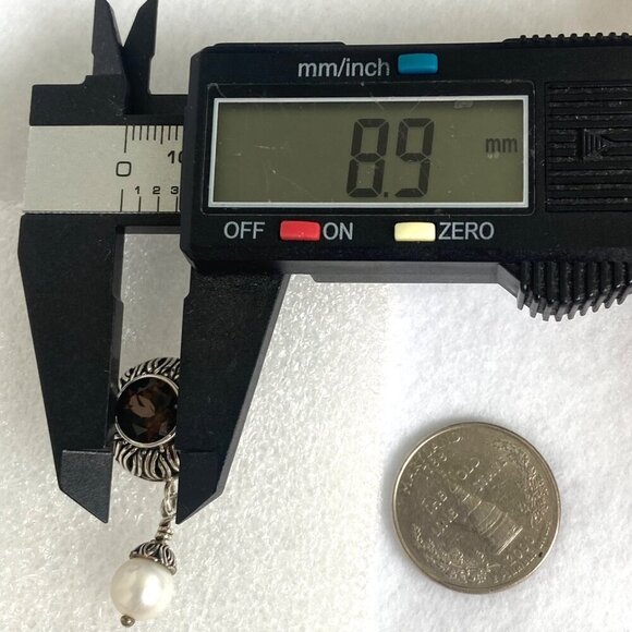 Sterling Silver 925 1.5" Signed Round Smoky Quartz & Pearl Dangle Drop Earrings - Picture 14 of 16